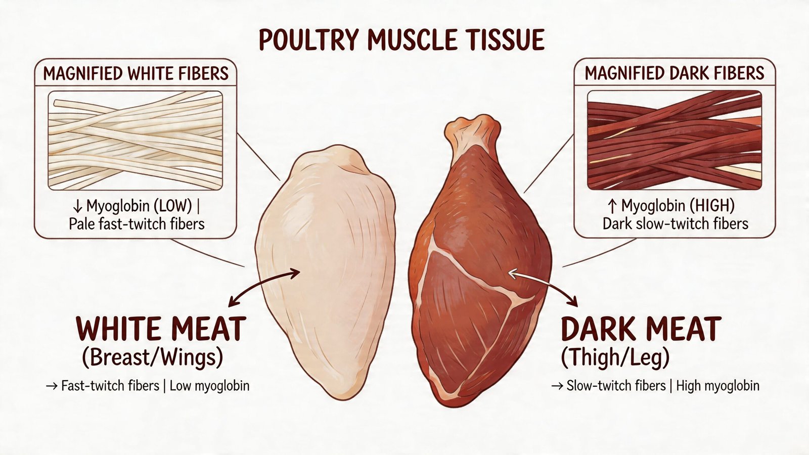 A diagram comparing poultry white meat and dark meat, detailing muscle fibers and myoglobin content differences.