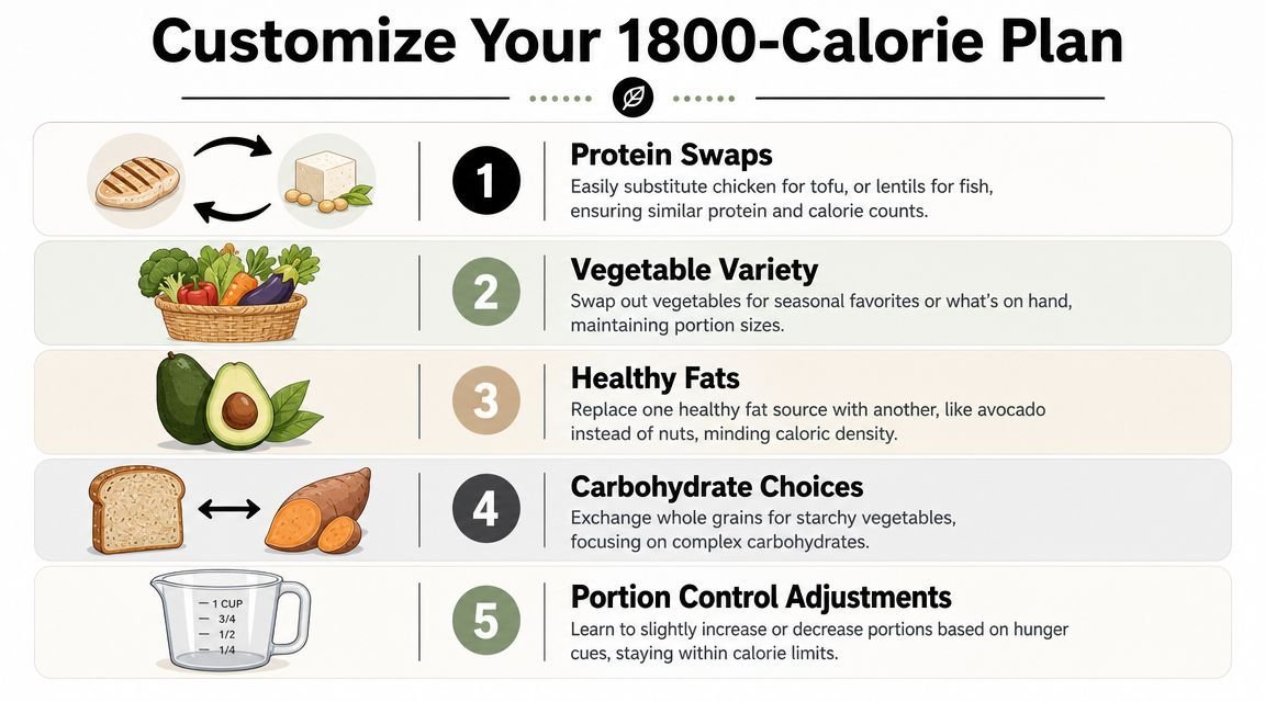 An infographic titled Customize Your 1800-Calorie Plan featuring five steps for food substitutions and portion management.