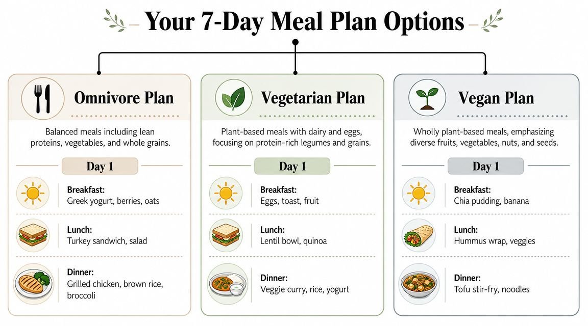 A visual guide presenting three daily meal plan options: Omnivore, Vegetarian, and Vegan for a healthy diet.