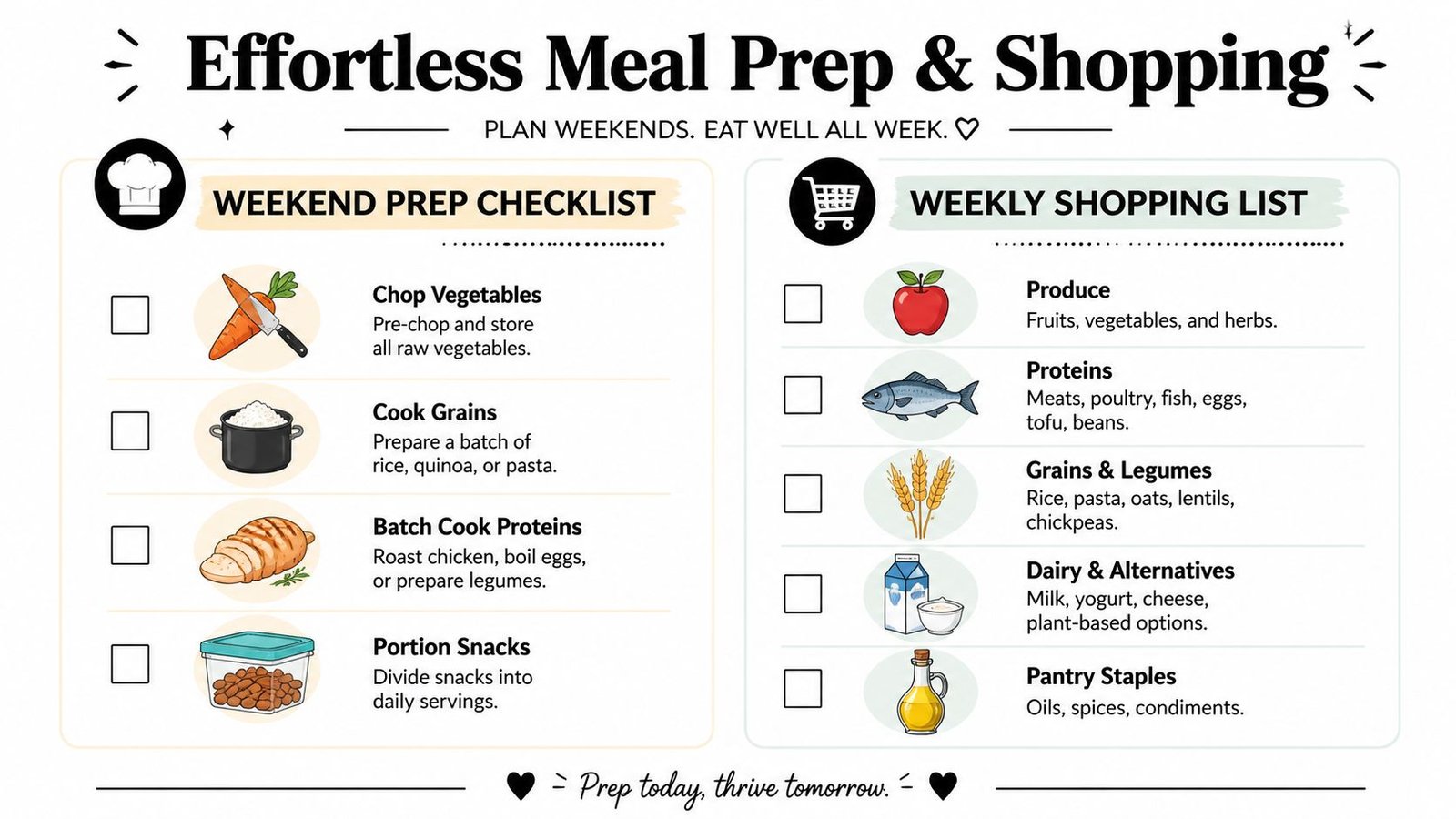 An instructional infographic for meal prepping and weekly grocery shopping including checklists and organized food categories.