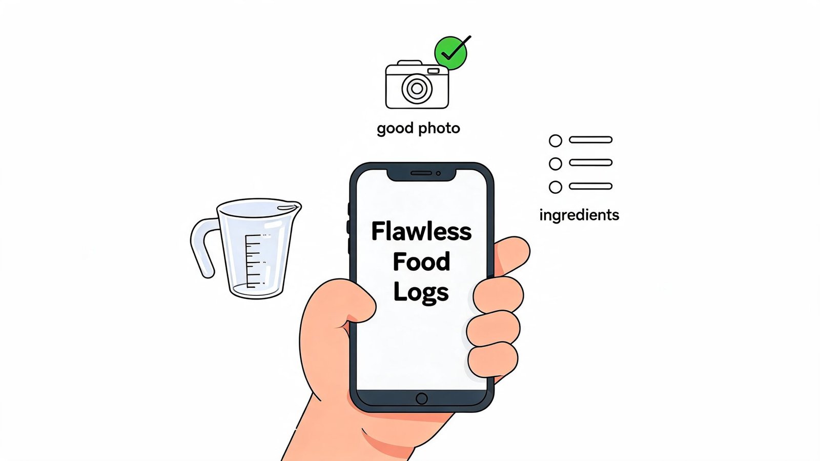 A hand holding a smartphone showing the text Flawless Food Logs with icons for photos and ingredients.