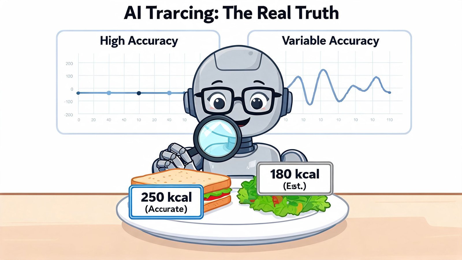 A friendly cartoon robot using a magnifying glass to check calorie counts on healthy food dishes.