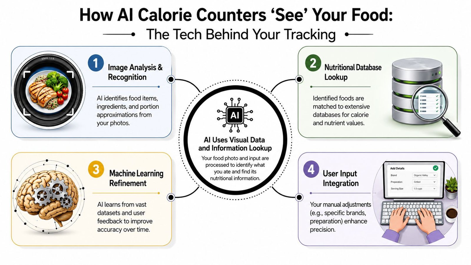An infographic explaining the four steps of how AI calorie counter technology analyzes food photos to provide nutrition.