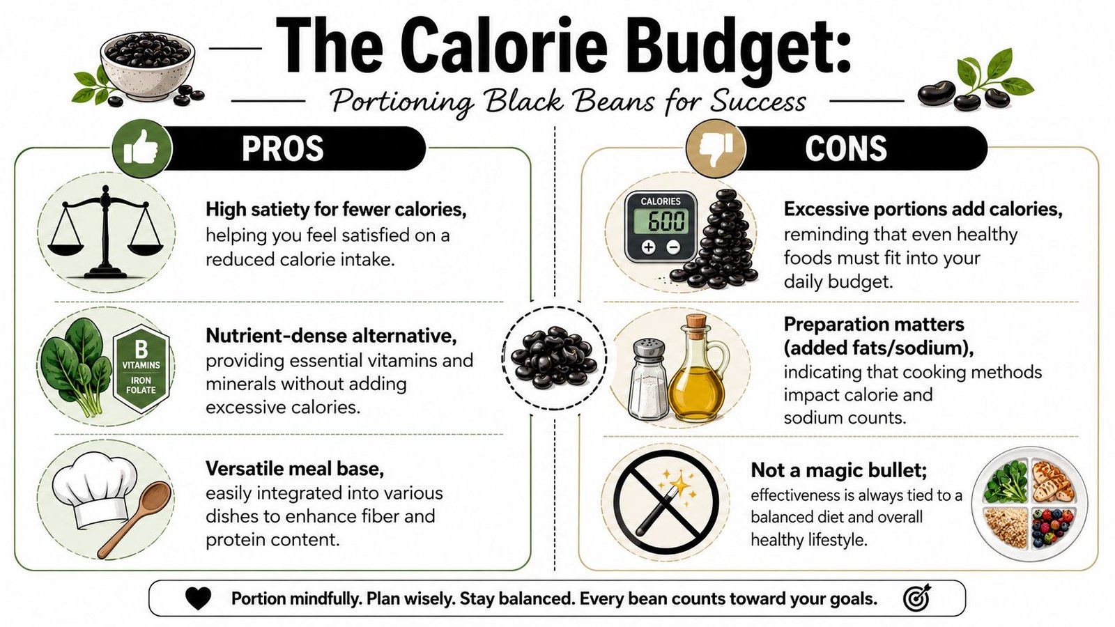 An infographic titled The Calorie Budget illustrating the pros and cons of eating black beans for weight loss.