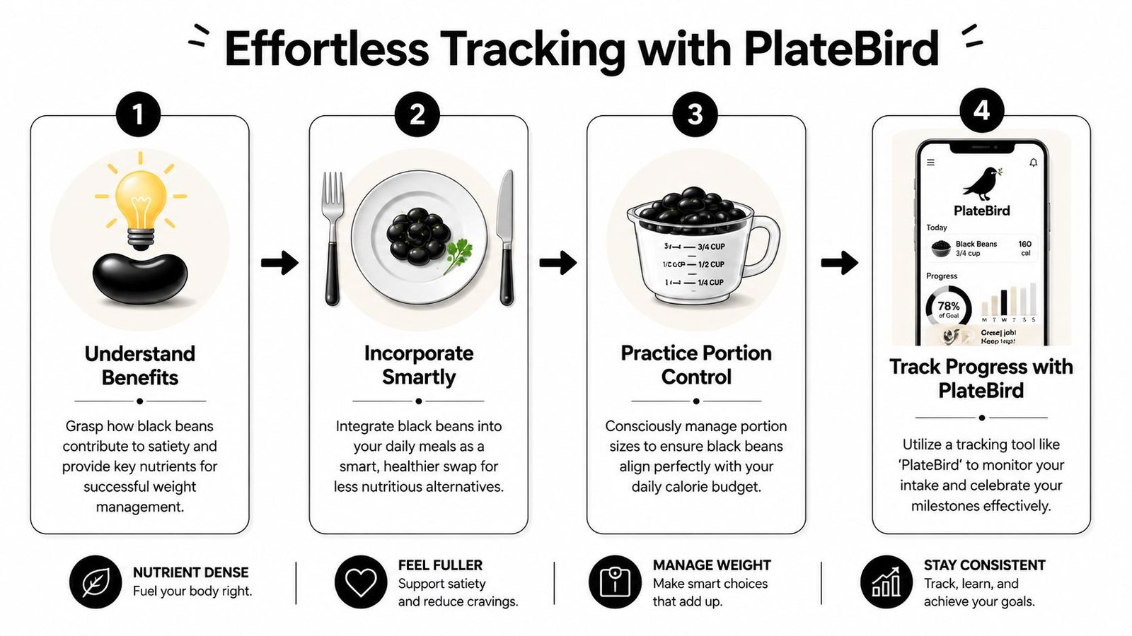 An infographic illustrating four simple steps to use black beans for healthy and effective weight management.