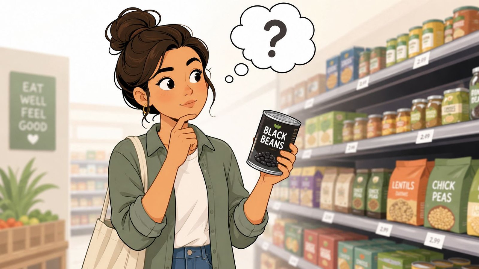 A woman shopping in a grocery store aisle contemplating a can of black beans for healthy eating.
