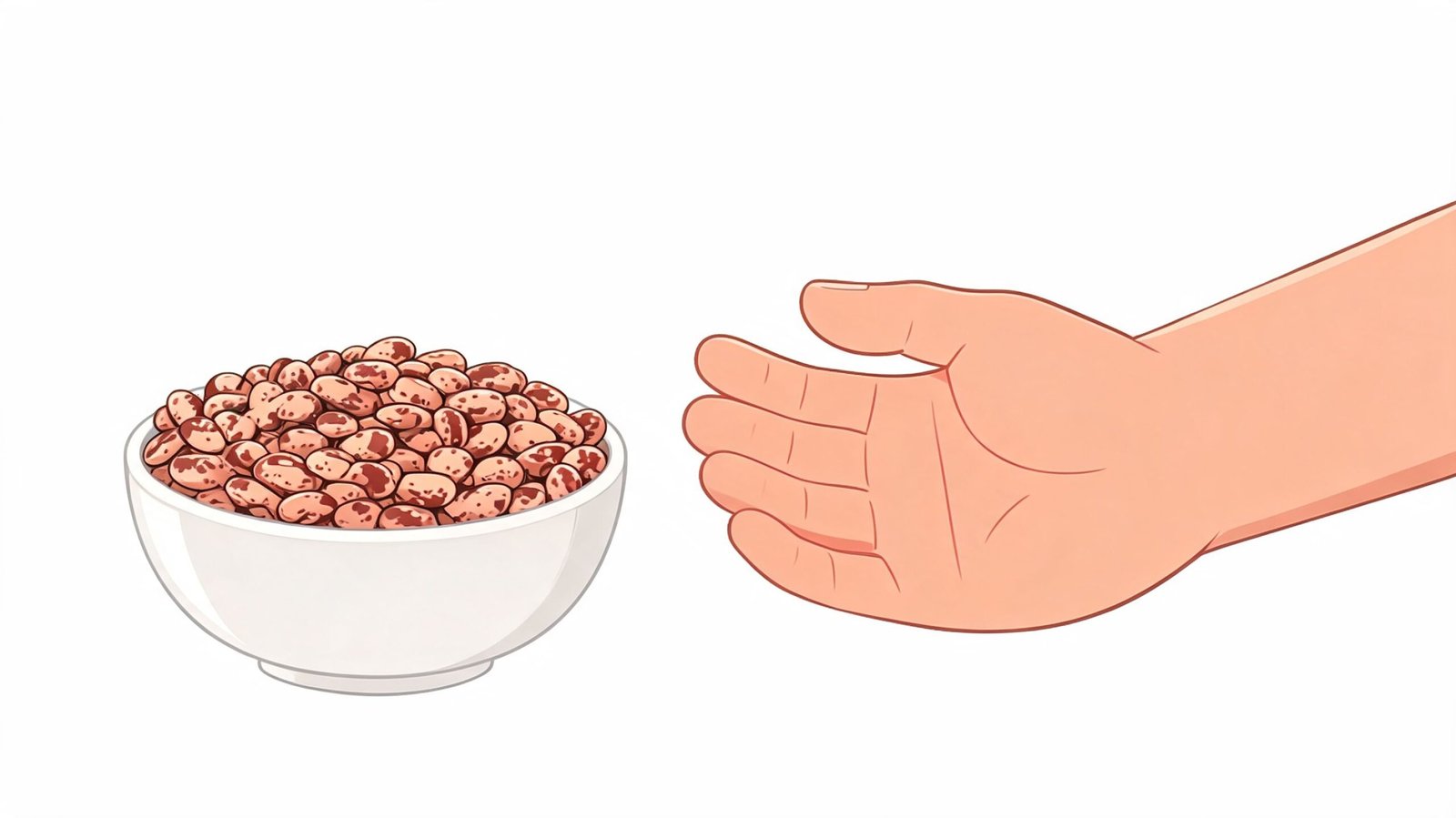 A hand reaching out toward a white ceramic bowl filled with raw pinto beans on white background.