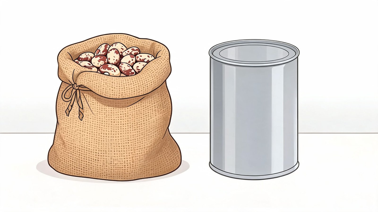 A burlap sack filled with dry pinto beans next to an empty metal food storage can.