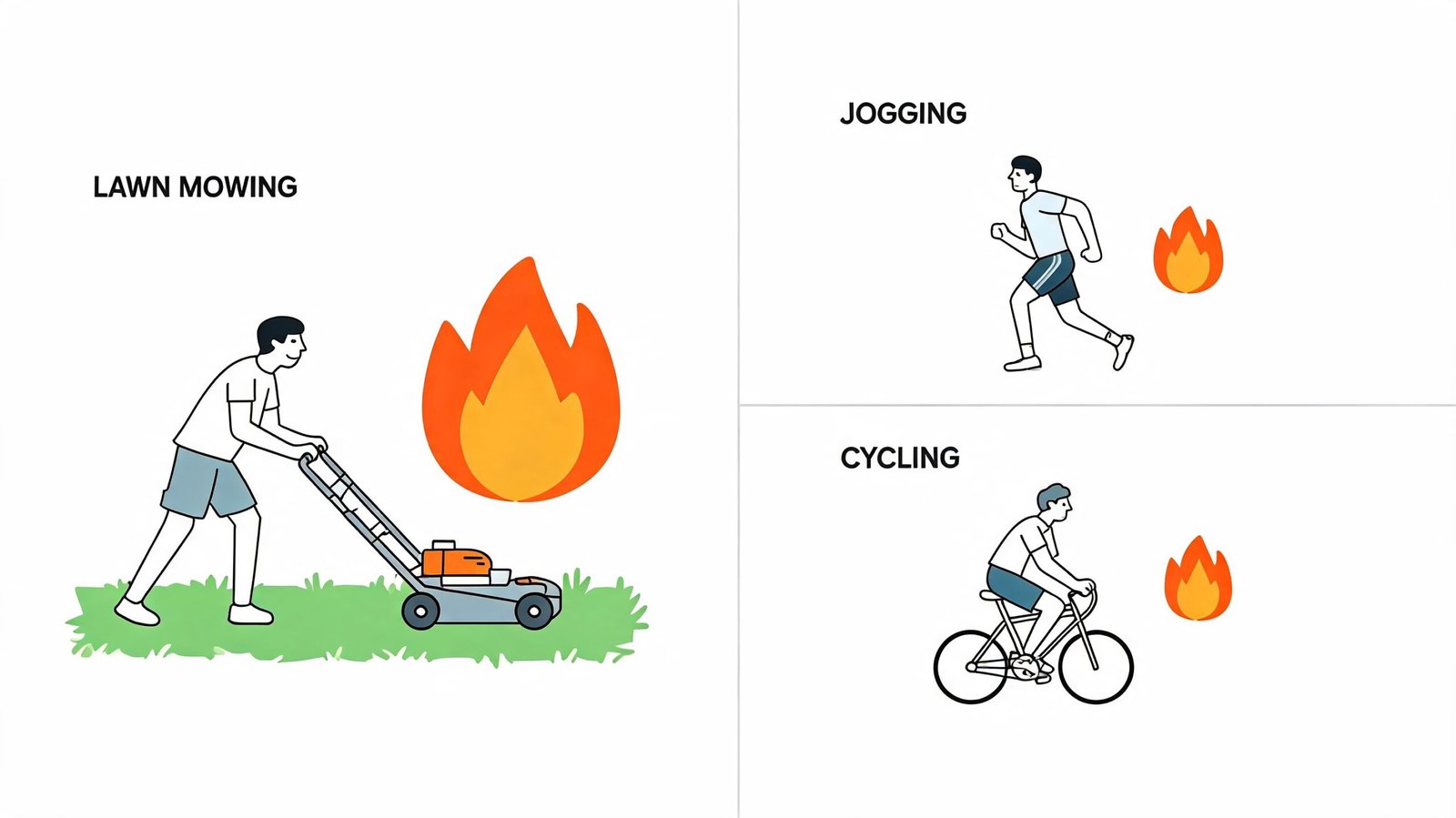 A person engaging in lawn mowing, jogging, and cycling activities with fire icons indicating calories burned.