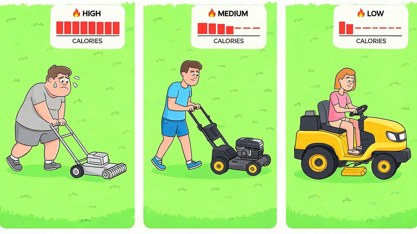 A comparison showing three different methods of mowing a lawn and the relative calories burned by each.