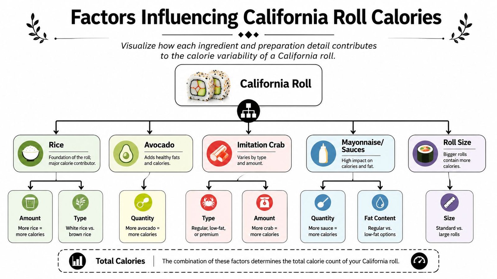 A diagram outlining the various ingredients and factors that influence the total calorie count of sushi California rolls.