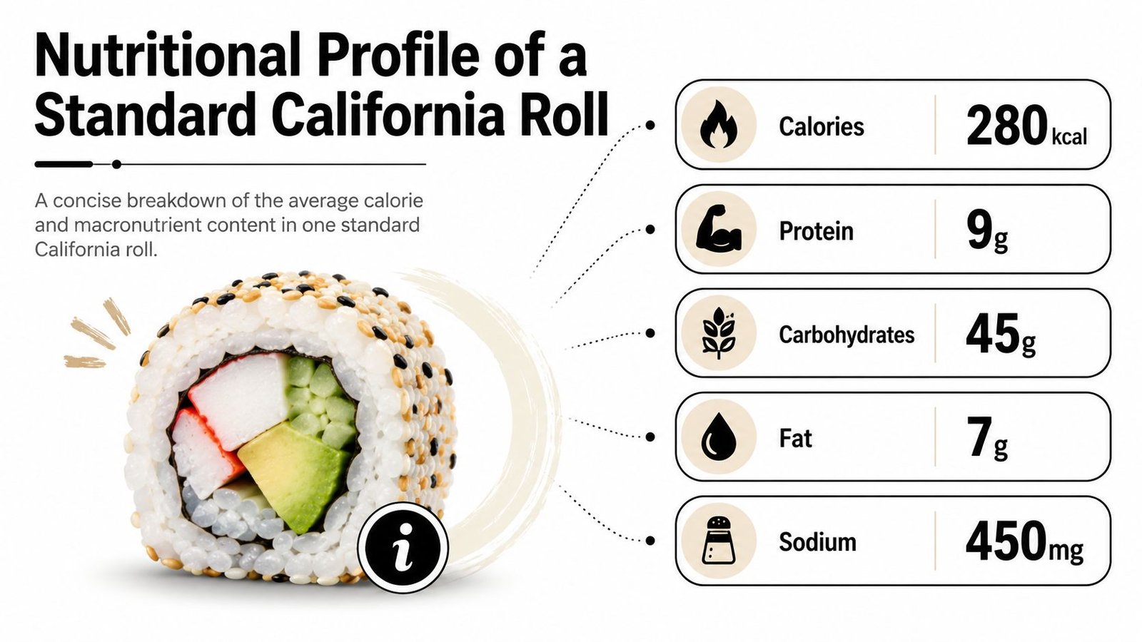 A nutritional infographic showing that one standard California roll contains 280 calories, protein, carbohydrates, fat, and sodium.