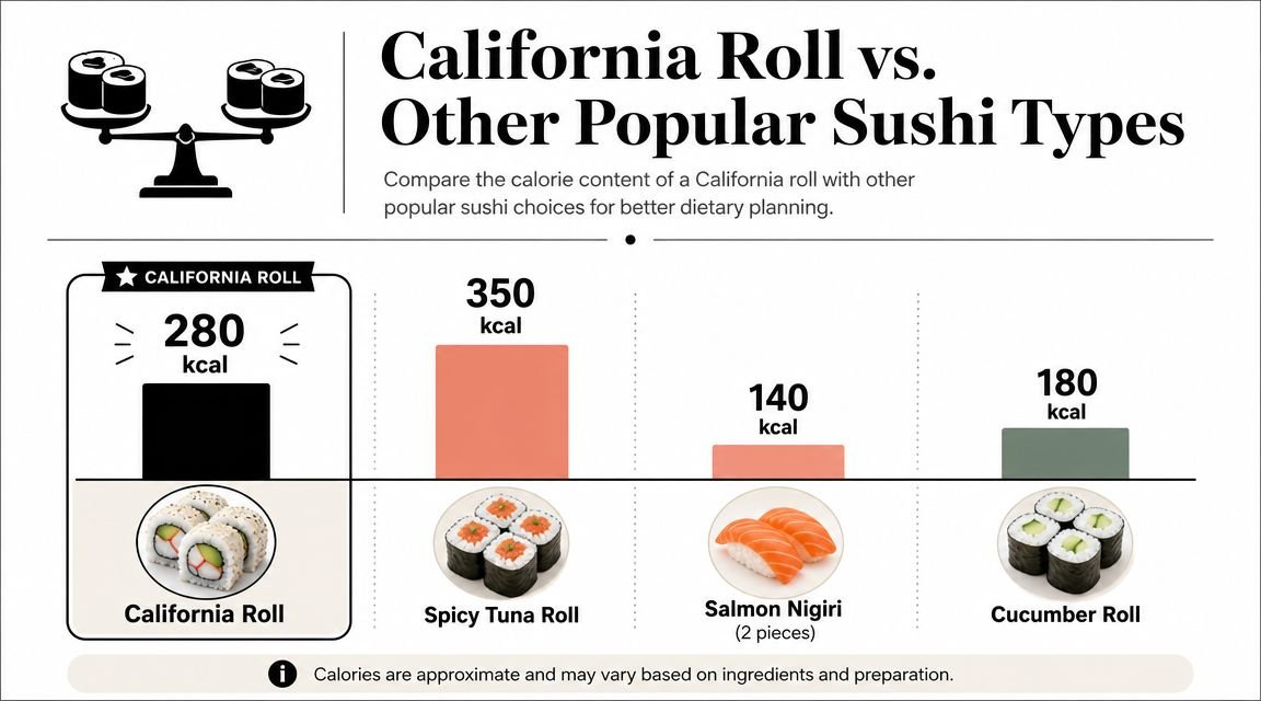 A comparison chart showing the approximate calorie content of a California roll versus other popular sushi types.