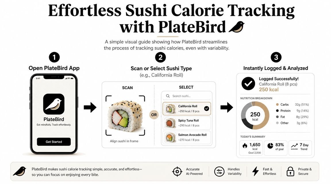 A visual guide showing how the PlateBird app simplifies calorie tracking for sushi like California rolls.