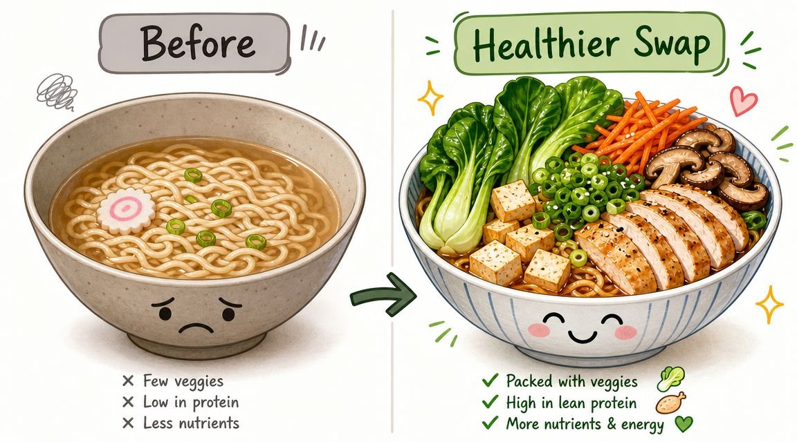 A comparison between a bowl of plain, unhealthy instant noodles and a nutrient-rich, protein-packed bowl of healthy ramen.