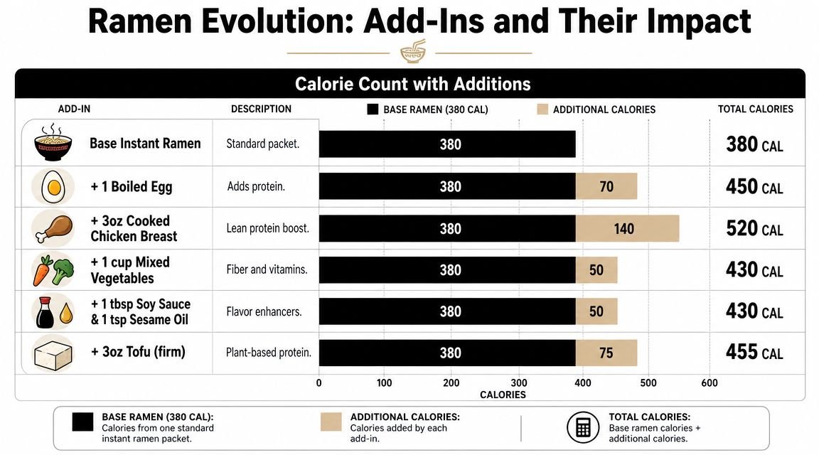 A chart showing the caloric impact of adding various nutritious ingredients to standard instant ramen noodles.