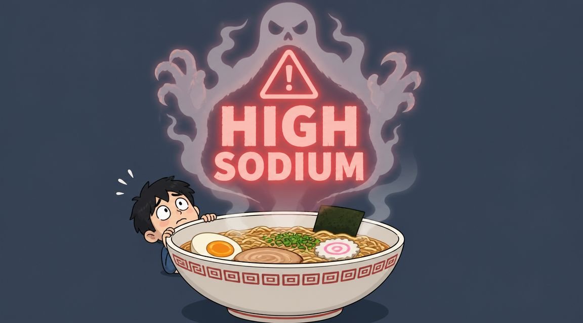 A concerned cartoon character looking at a large, steaming bowl of ramen with a scary ghost overlay.