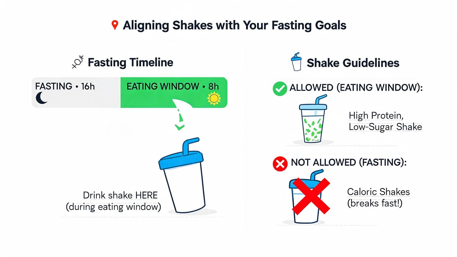 A diagram illustrating when to drink protein shakes during an intermittent fasting schedule.