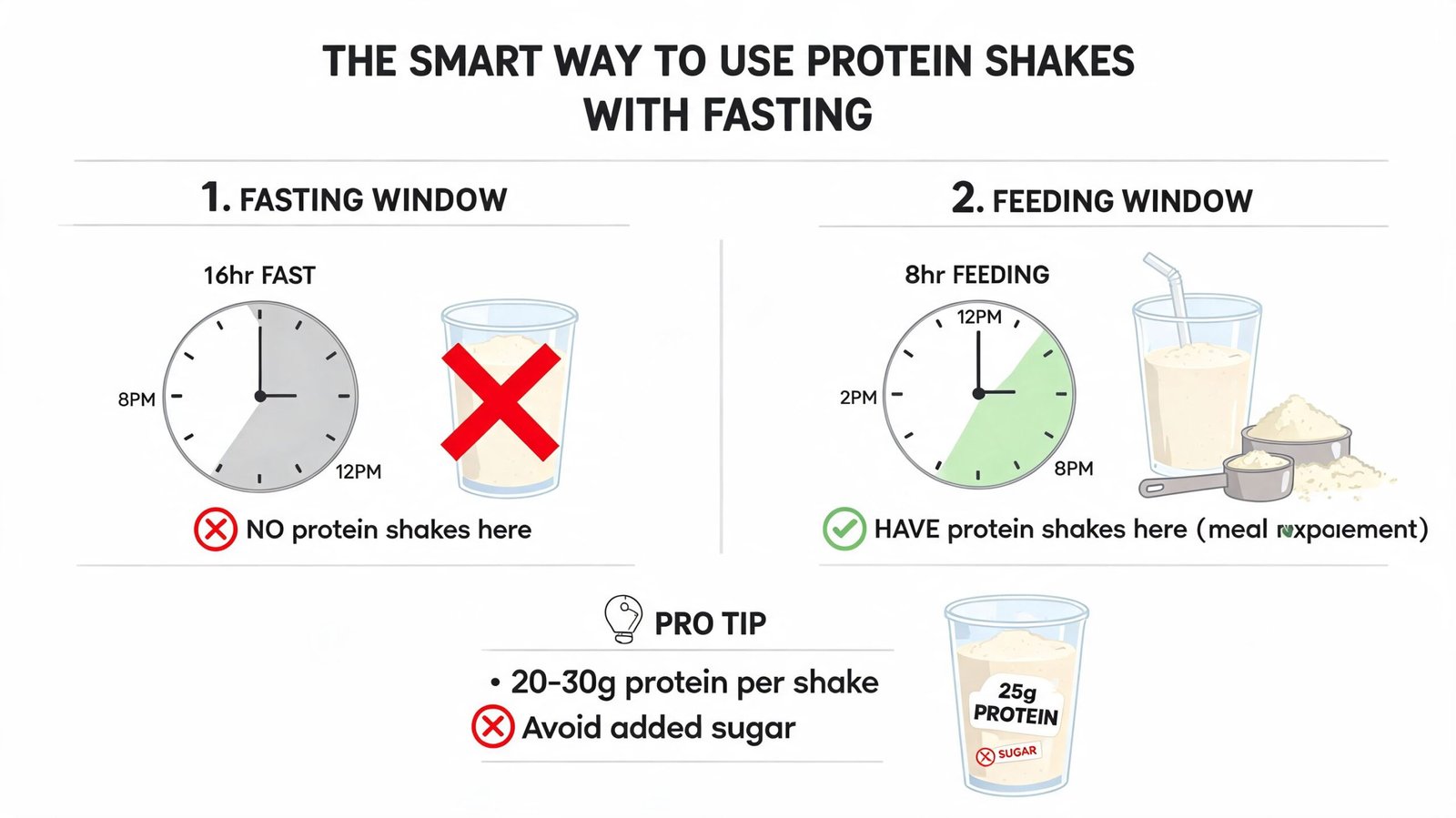 An infographic illustrating how to incorporate protein shakes into an intermittent fasting schedule during the feeding window.