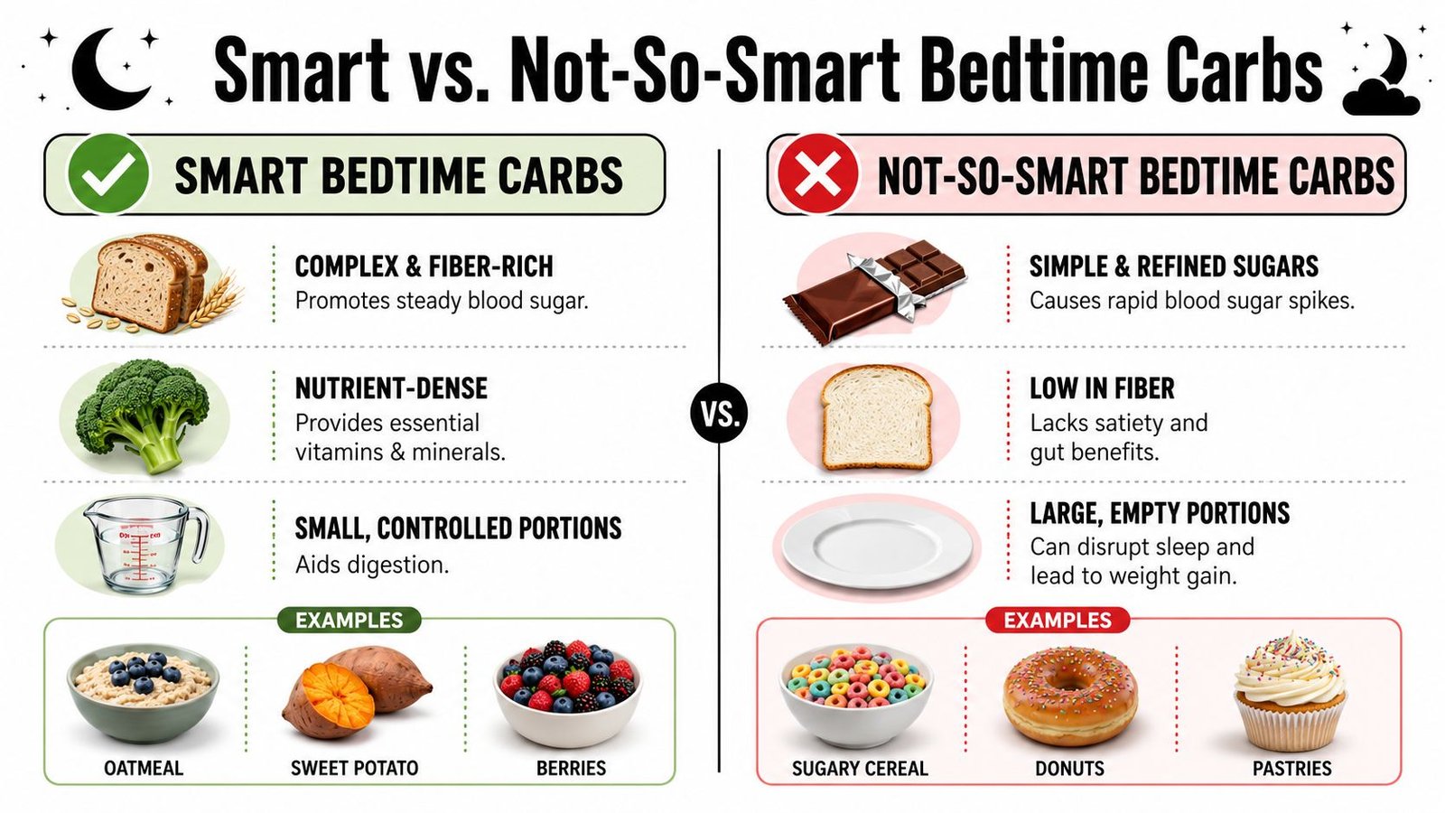 An infographic comparing healthy, fiber-rich smart bedtime carbohydrates with unhealthy, refined not-so-smart bedtime carbohydrates.
