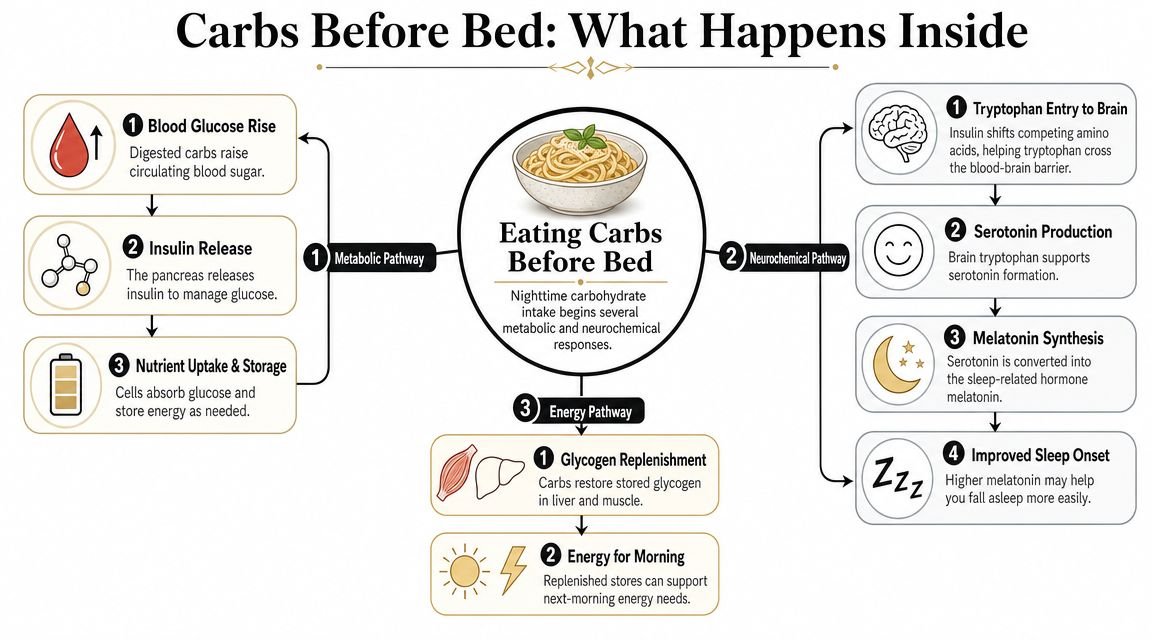 A diagram illustrating the metabolic, neurochemical, and energy pathways activated by eating carbohydrates before going to bed.