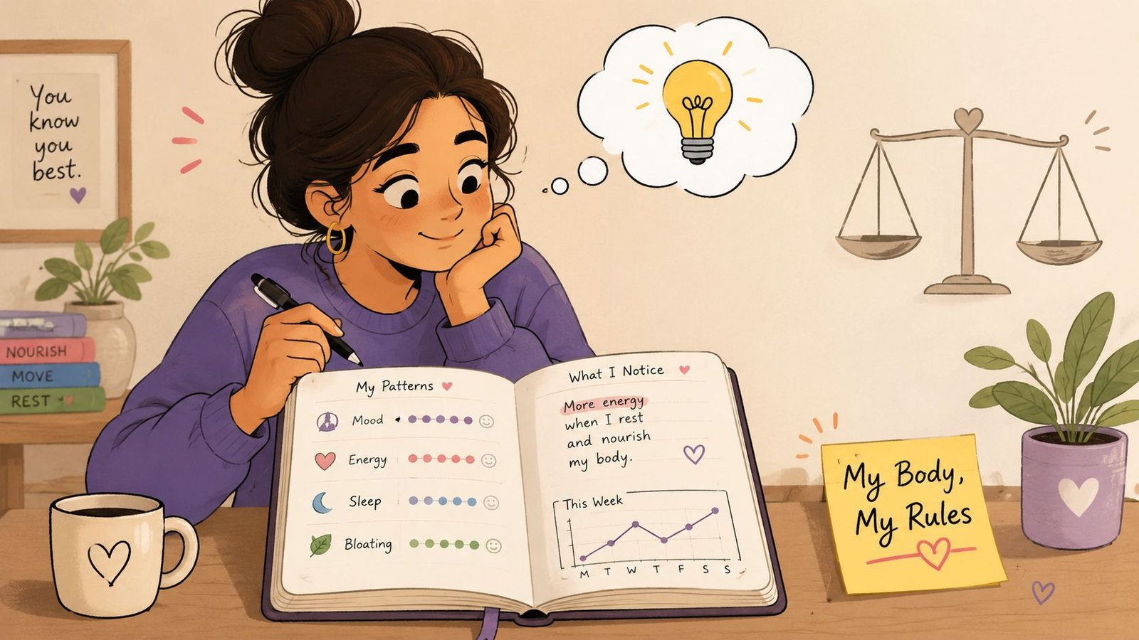 A woman writing in a journal about her wellness patterns and energy levels while sitting at a desk.