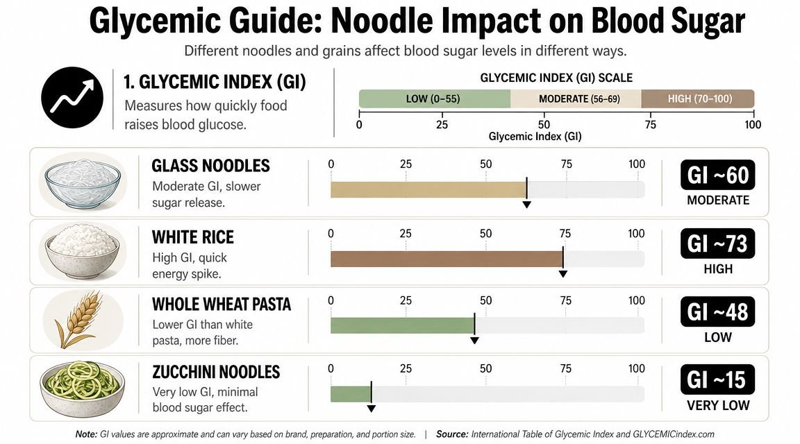 A glycemic index chart comparing the blood sugar impact of glass noodles, white rice, pasta, and zucchini noodles.