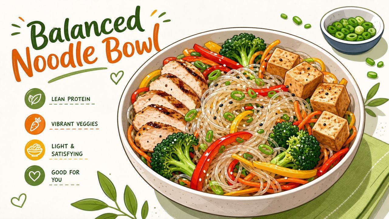 A colorful balanced noodle bowl featuring glass noodles, grilled chicken, tofu, broccoli, and peppers in a white bowl.