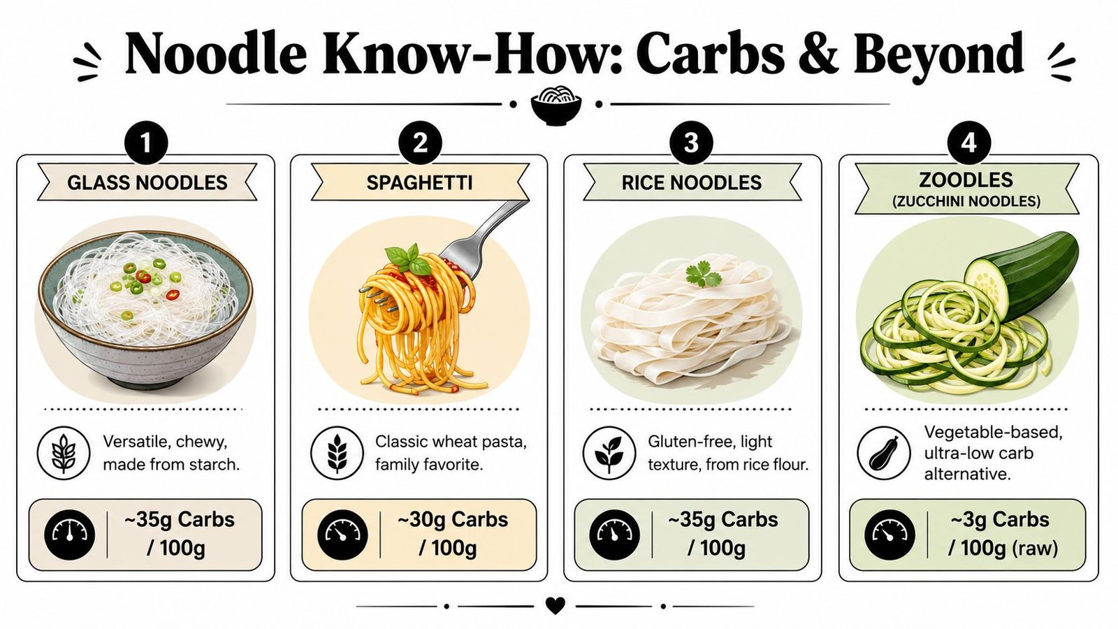 A comparison chart showing carb content per 100 grams for glass noodles, spaghetti, rice noodles, and zoodles.