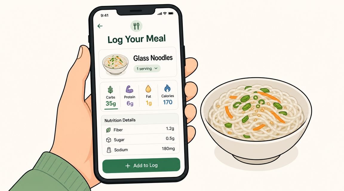 A hand holding a smartphone displaying a nutrition tracking app with glass noodle meal details.
