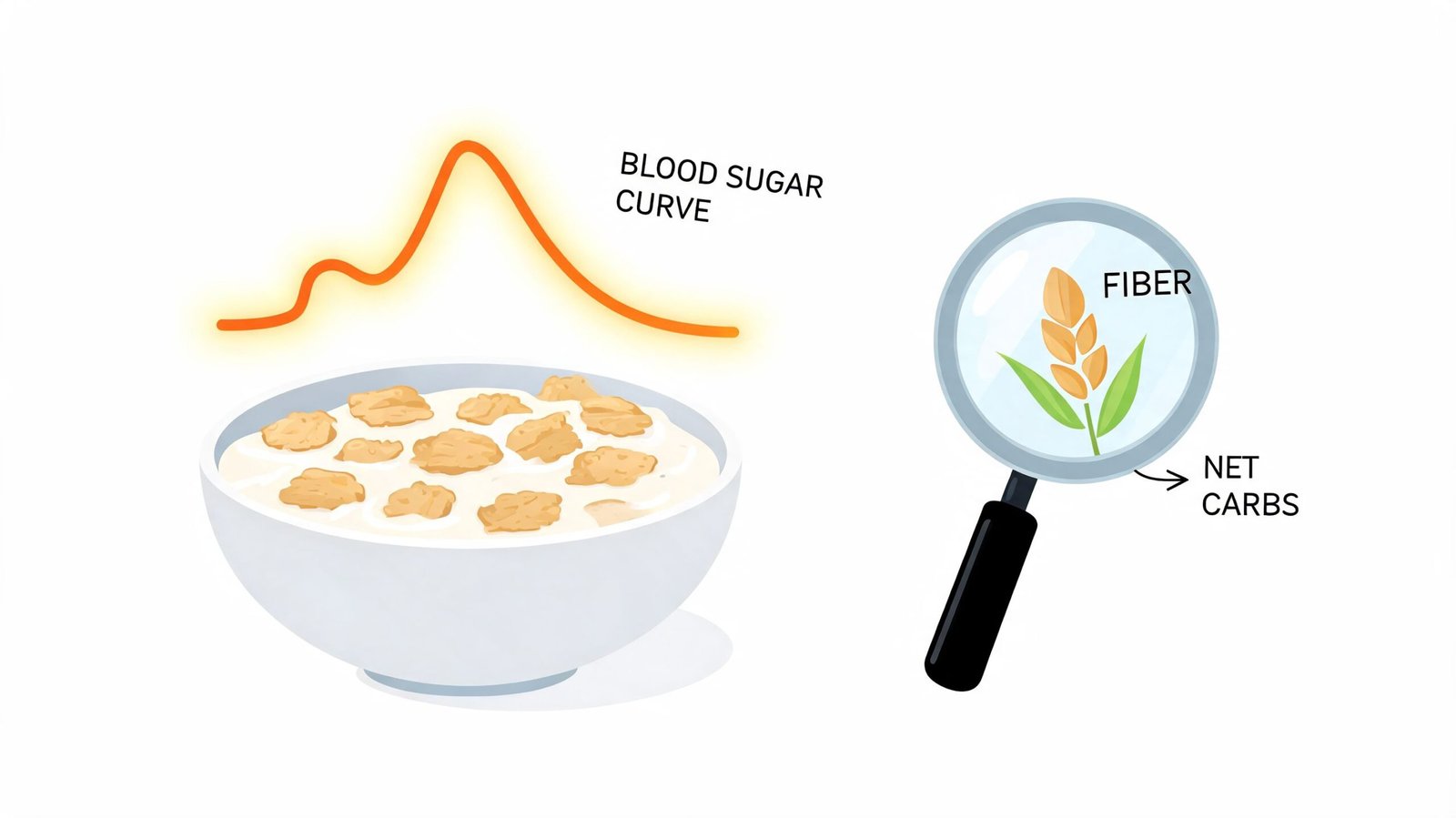 A bowl of cereal showing a blood sugar curve and a magnifying glass focusing on fiber content.
