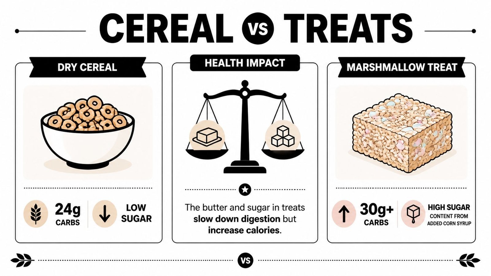 A comparative infographic showing the nutritional difference between dry breakfast cereal and a marshmallow treat.