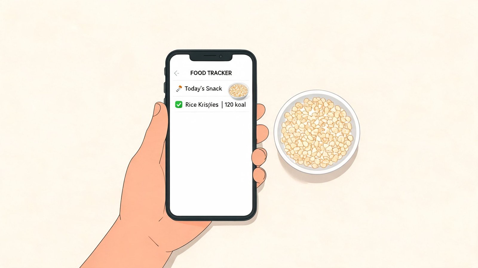 A hand holding a smartphone displaying a food tracker app showing 120 calories for Rice Krispies cereal.