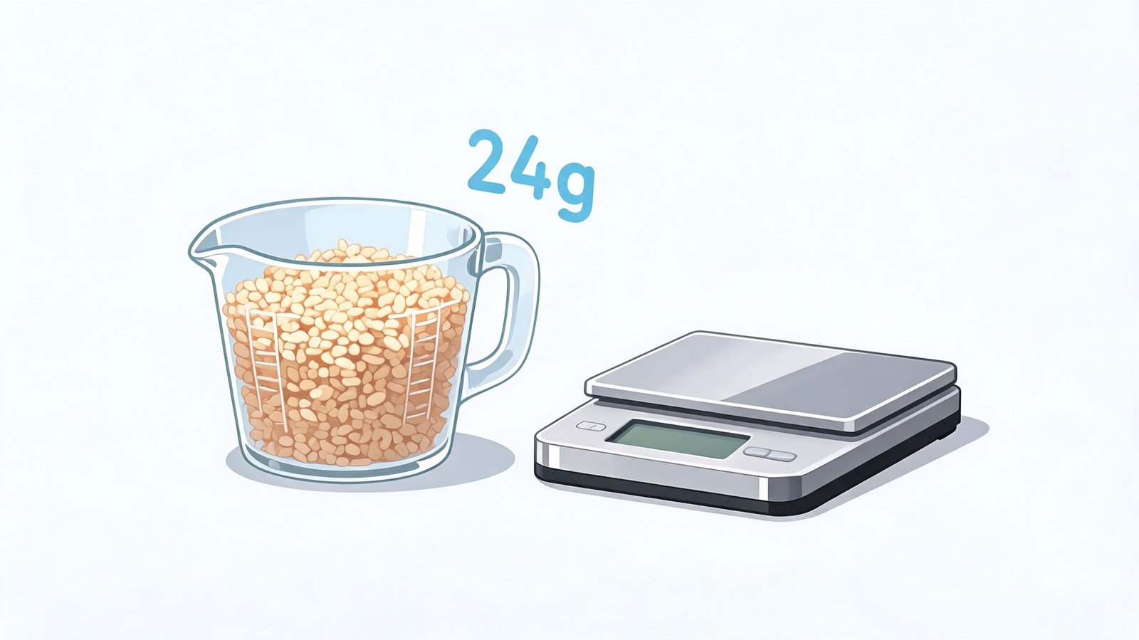 A measuring cup filled with rice cereal next to a digital kitchen scale on a white background.