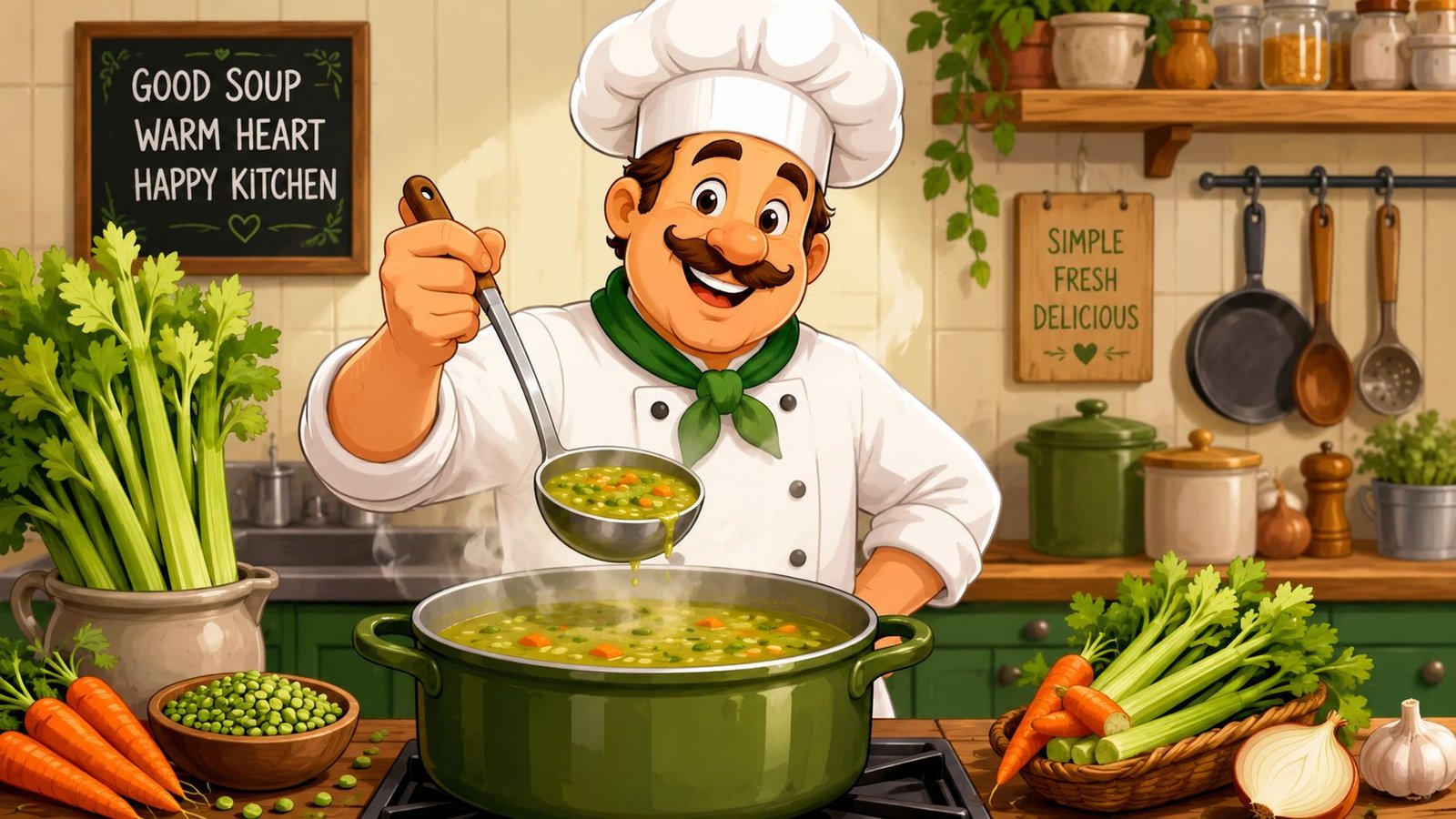 A cheerful cartoon chef smiling while stirring a pot of fresh split pea soup in a kitchen.