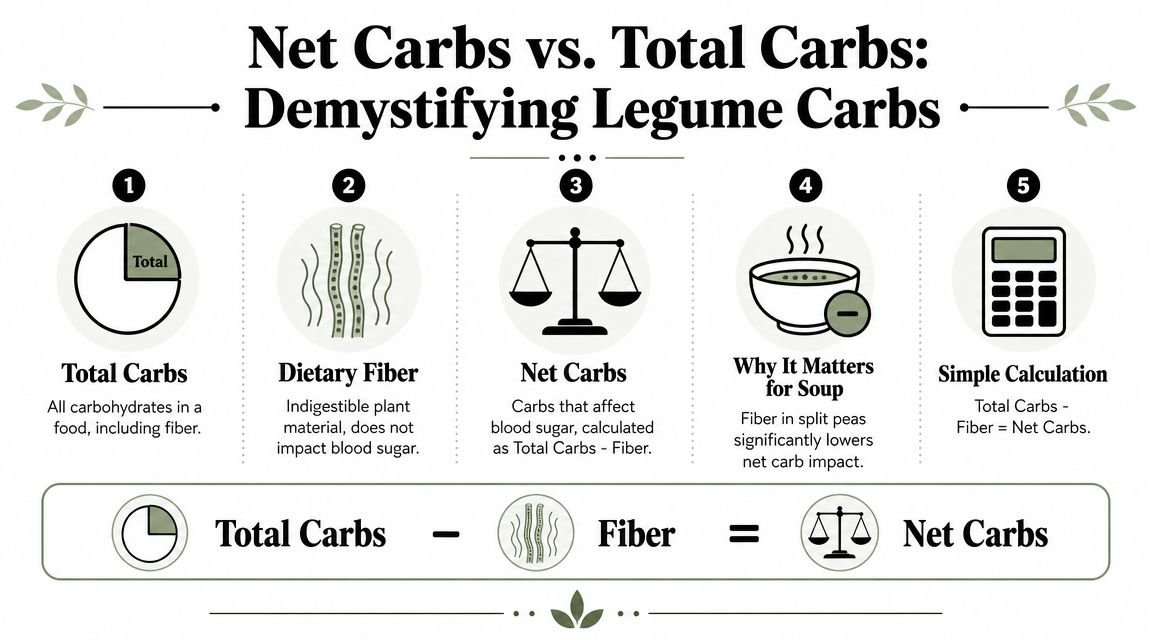 An infographic explaining the calculation of net carbs versus total carbs for legumes like split peas.