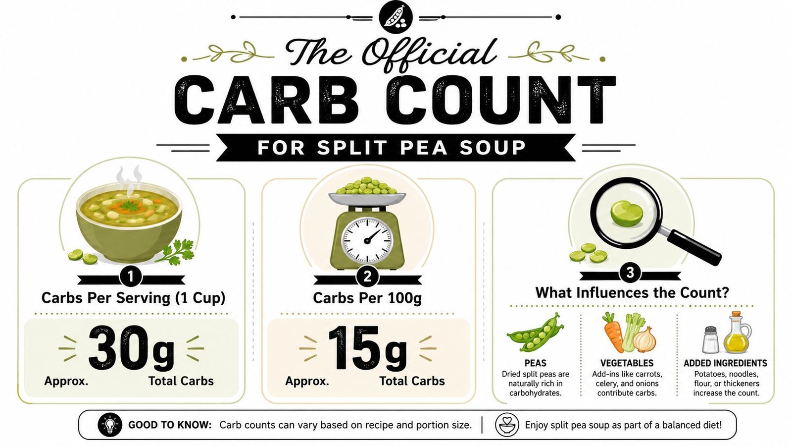 An infographic showing the approximate carbohydrate content of split pea soup per serving and per 100 grams.