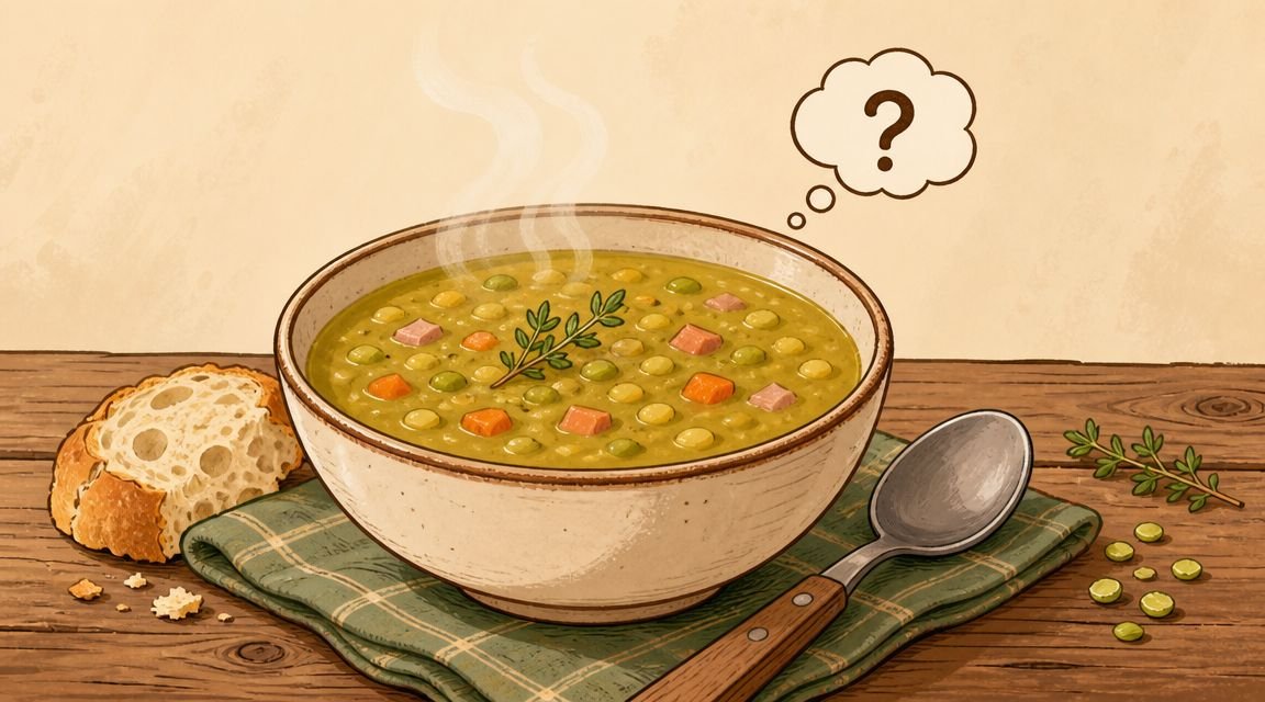 A steaming bowl of hearty split pea and ham soup served with crusty bread on a table.