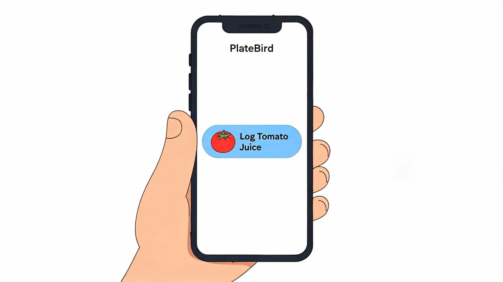 A hand holding a smartphone displaying a PlateBird app notification to log tomato juice with a tomato icon.