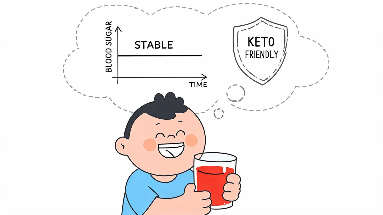A happy child holds a glass of tomato juice while thinking about stable blood sugar and keto-friendly benefits.