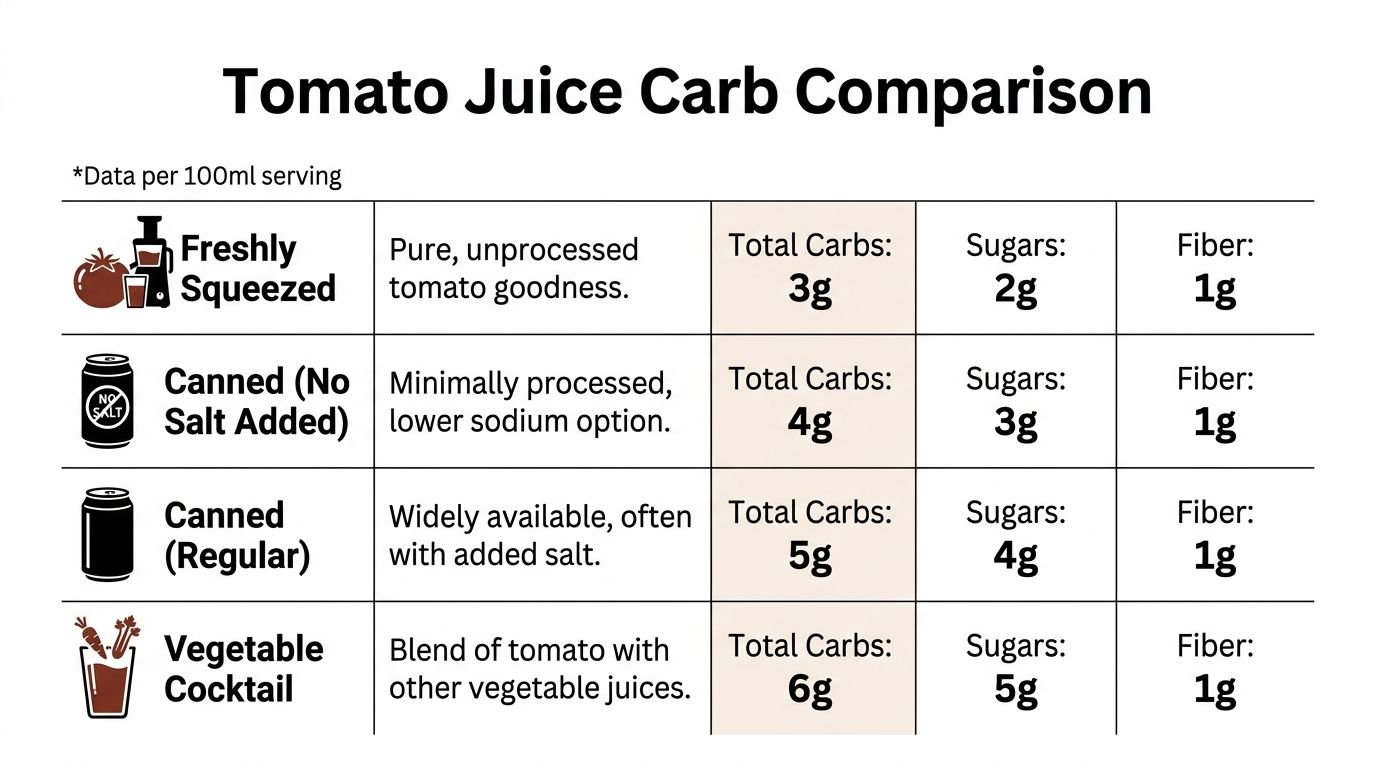 A comparison table detailing the total carbs, sugars, and fiber content per 100ml for different tomato juice types.