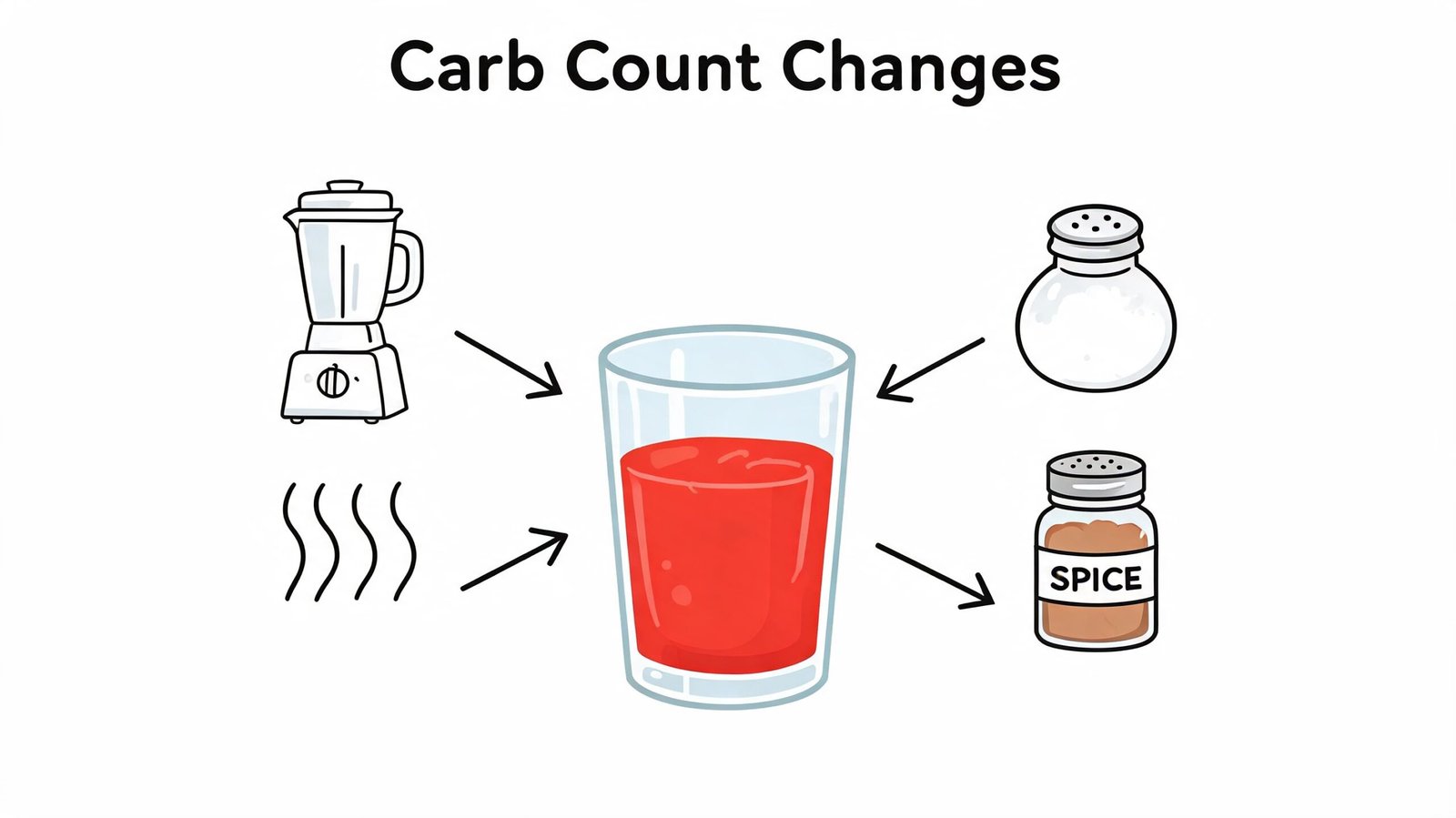 A diagram illustrating the preparation of tomato juice with icons representing blending, heating, salt, and spices.