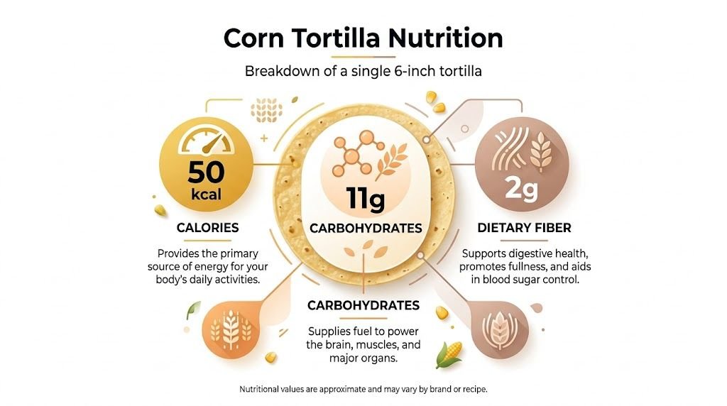 An infographic detailing the nutritional facts of a single six-inch corn tortilla, including calories, carbohydrates, and fiber.