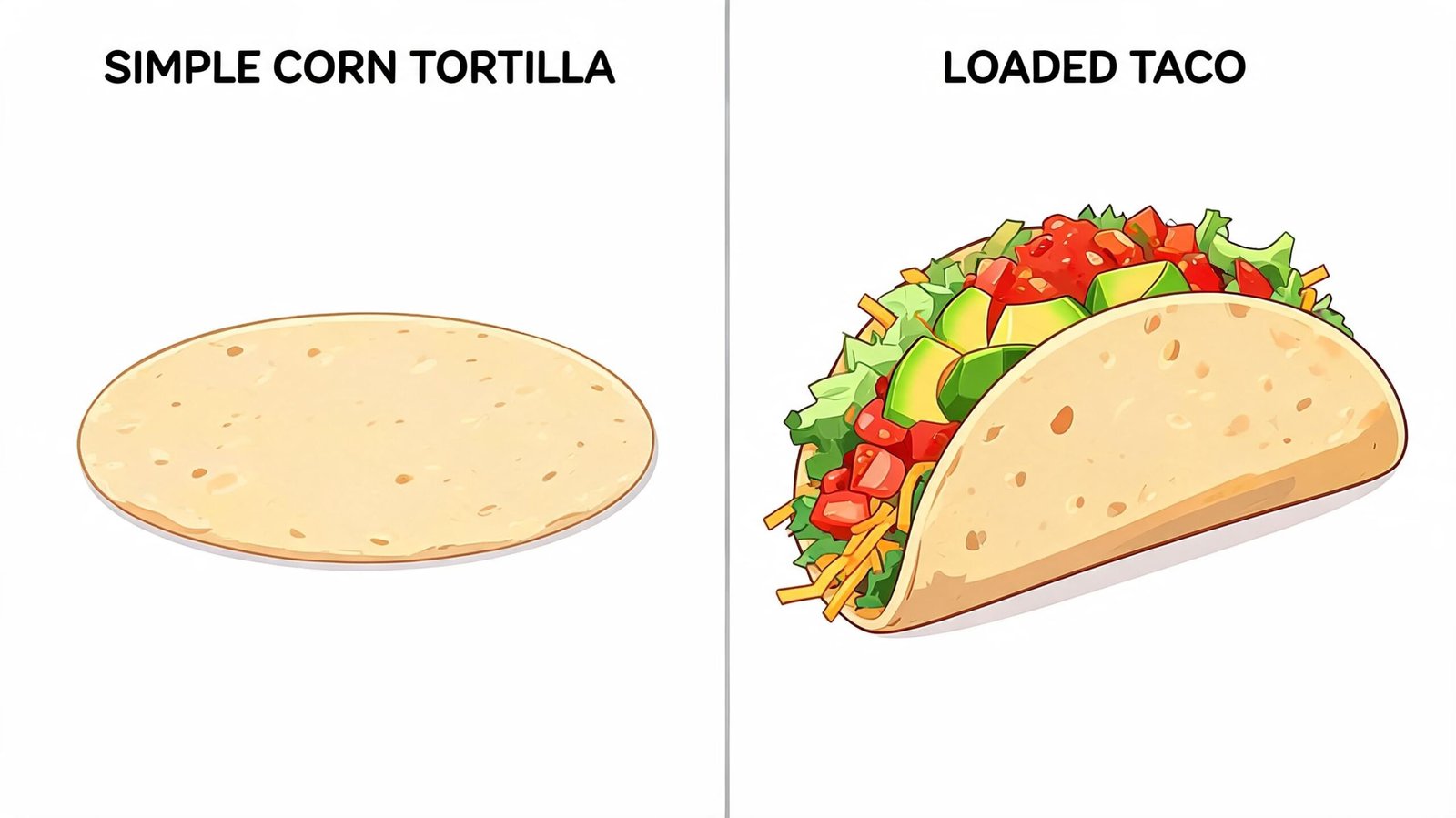 A comparison image showing a flat corn tortilla on the left and a loaded taco on the right.