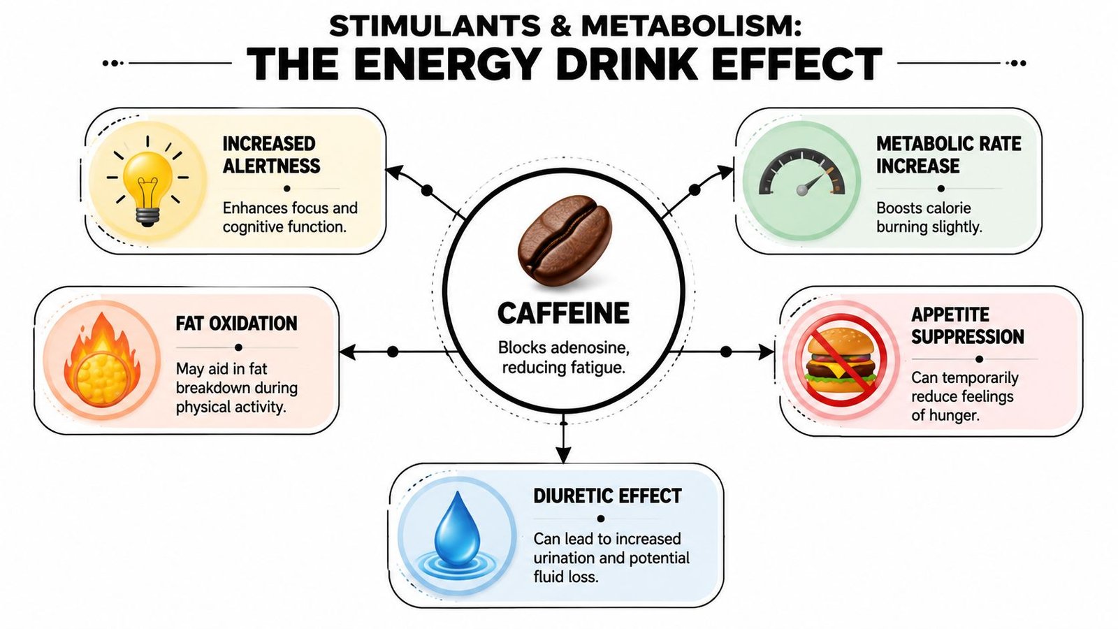 A diagram illustrating the effects of caffeine on metabolism, including alertness, fat oxidation, and appetite suppression.