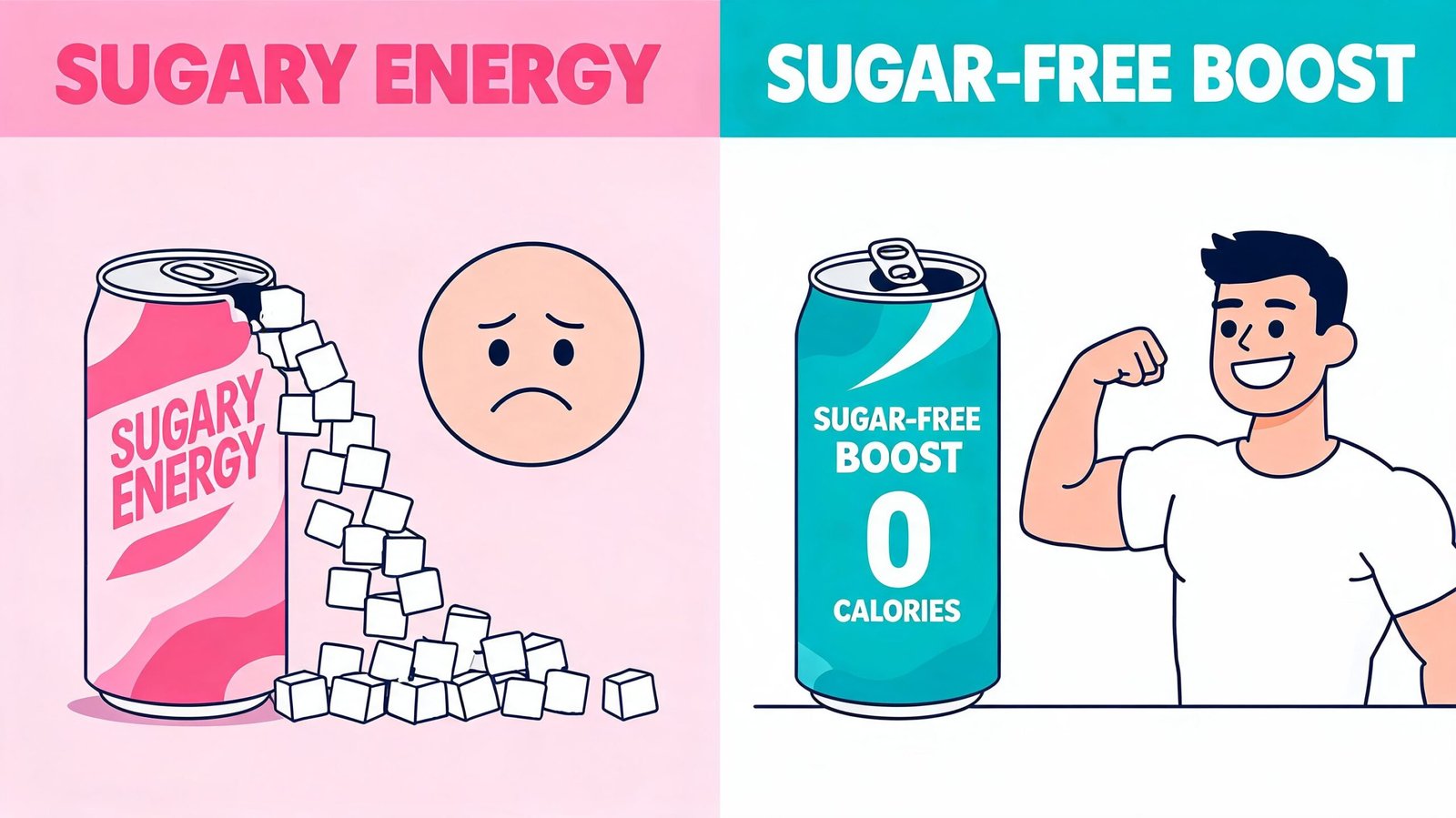 A comparison graphic showing a sugary energy drink causing sadness versus a zero calorie sugar-free drink.