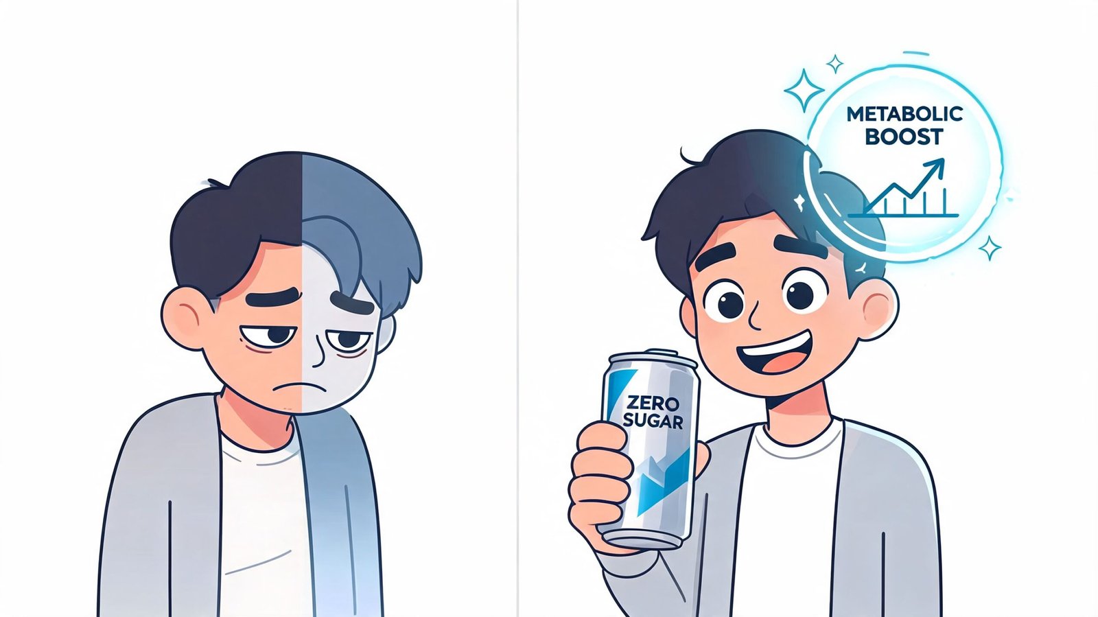 A cartoon illustration showing a tired person before drinking a zero sugar energy drink and feeling energized.