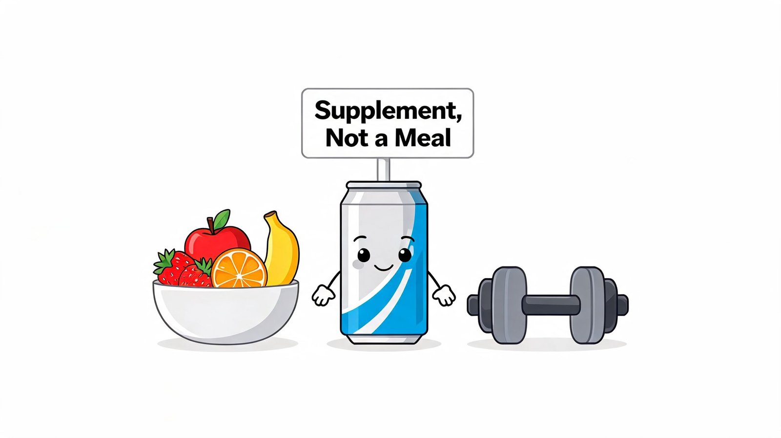 A cartoon illustration showing a bowl of fruit, an energy drink holding a sign, and a dumbbell.