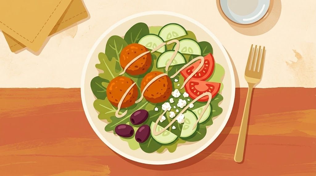 A vibrant top-down illustration of a falafel salad featuring greens, tomatoes, cucumber slices, olives, and feta cheese.