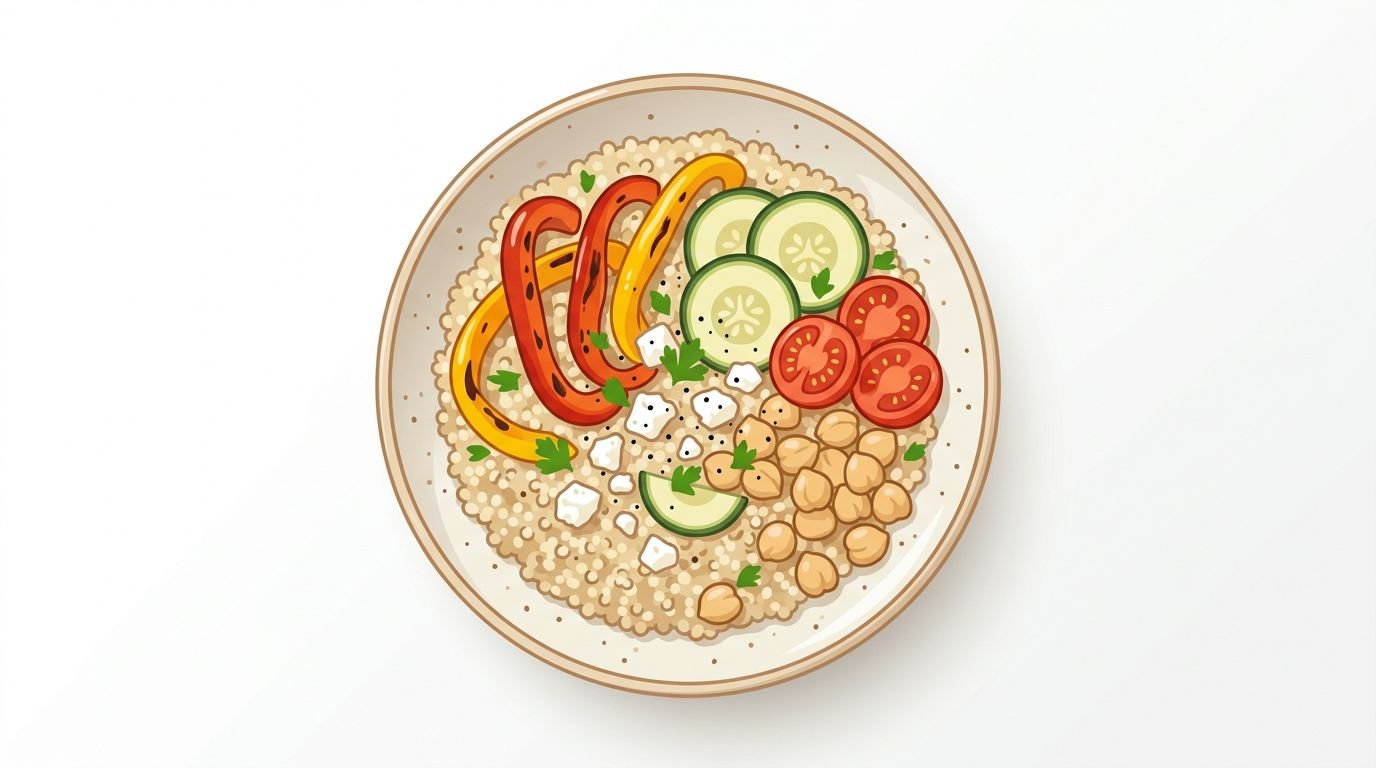 A healthy vegetarian quinoa salad bowl topped with grilled peppers, chickpeas, feta cheese, cucumber, and tomatoes.